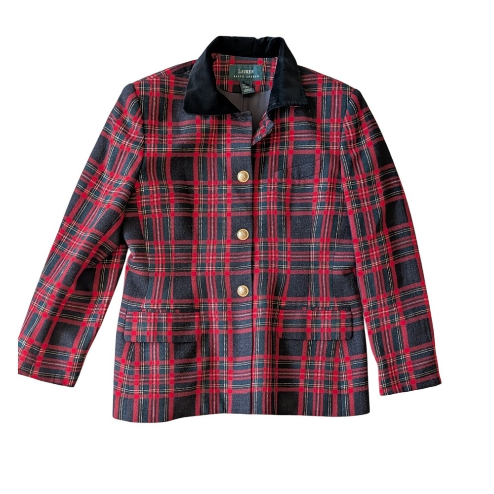 Vintage Ralph Lauren Red Tartan Plaid Wool Blazer Velvet Collar Gold Buttons- 10